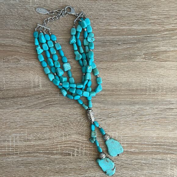 Chico's Faux Turquoise Bead Quad Strand Y Chunky Necklace Silver Tone - Picture 1 of 9